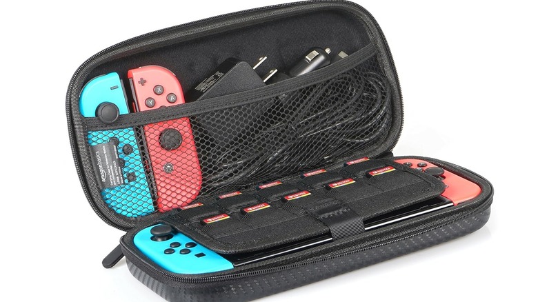 Amazon Basics Carrying Case for Nintendo Switch with console and accessories inside.