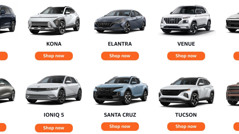 A list of Hyundai vehicles currently available on Amazon includes the Kona, Elantra, Venue, Ioniq 5, Santa Cruz and Tucson