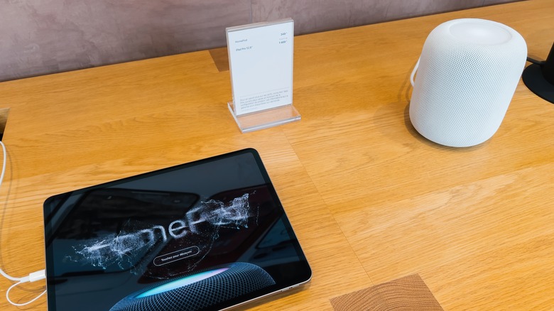 HomePod shares a wooden table with the iPad Pro