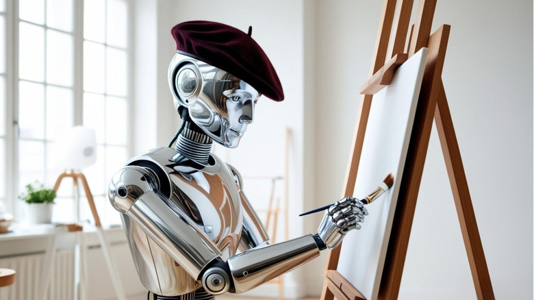 An AI-generated image of a robot wearing a beret painting a picture on a canvas, created on Canva Dream Lab