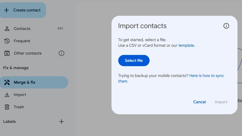 Option to import contacts into Google Contacts