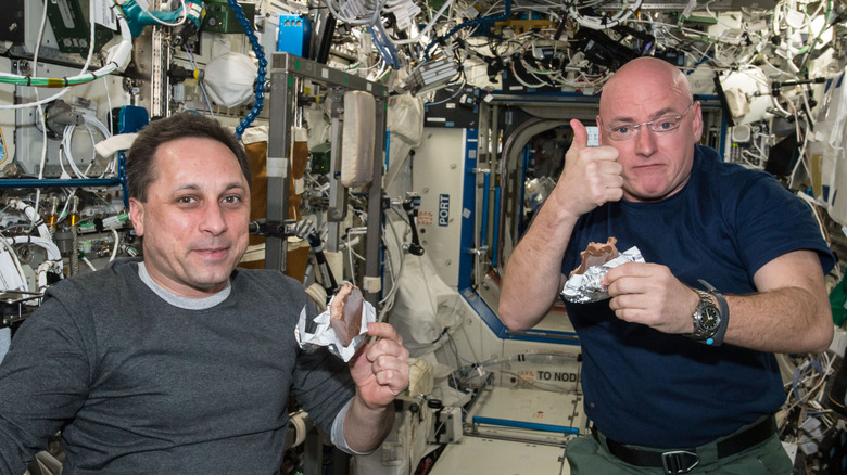 Astronauts eating aboard the International Space Station