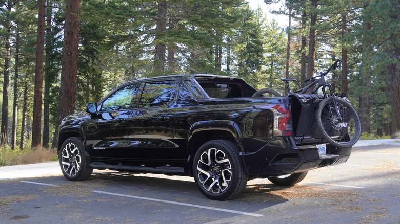 Chevrolet Silverado EV rear three-quarters with mountain bike