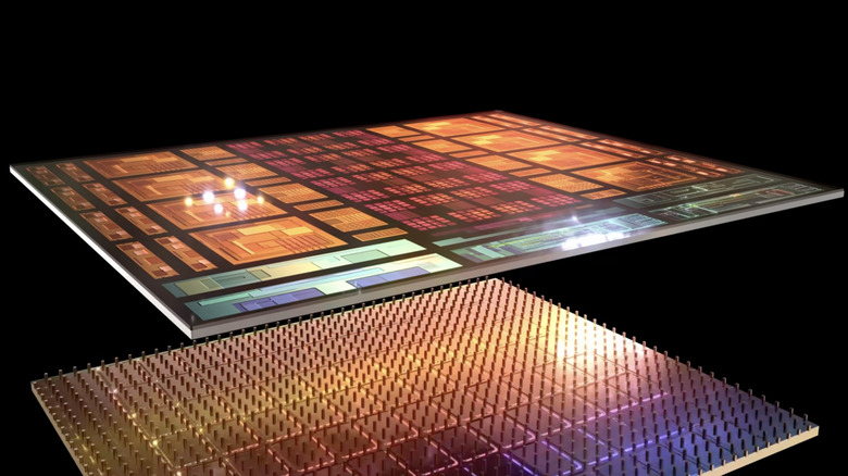 Cross section of an AMD desktop processor with 3D V-Cache memory.