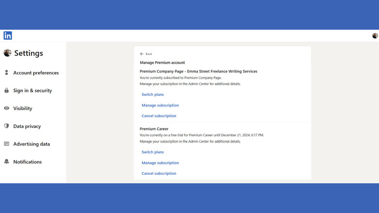 A screenshot showing LinkedIn's Settings page with Manage Premium Account option selected