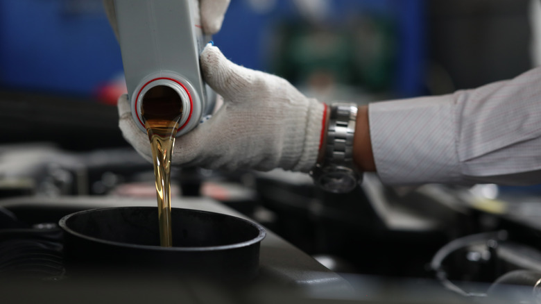 Pouring new transmission fluid into vehicle