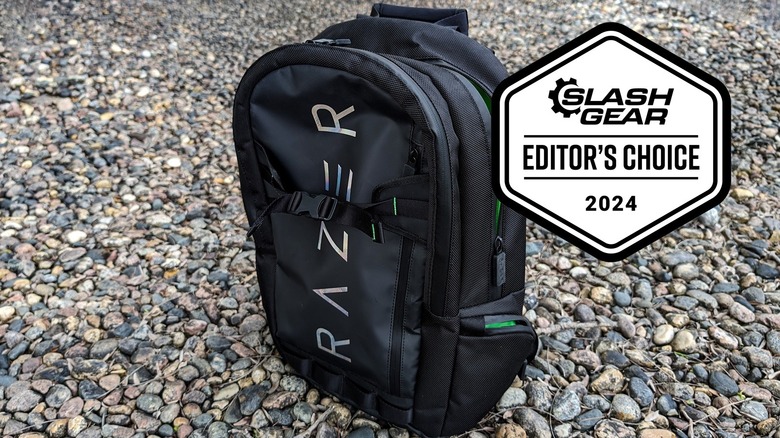 Razer brand backpack sitting in rocks