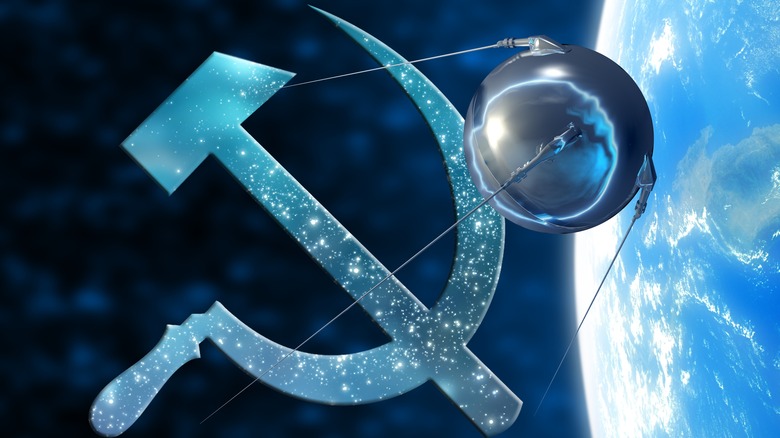 Sputnik with the Soviet Union's sickle and hammer