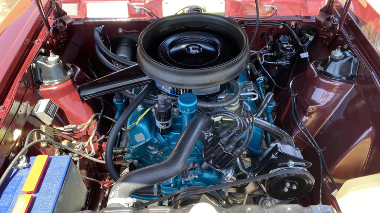 AMC 360 V8 engine in red engine bay