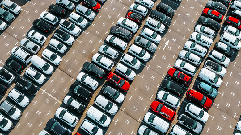 Cars in dealership parking lot.