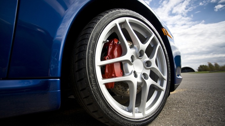 Closeup of wheel on blue car