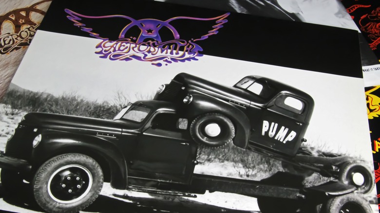 Closeup of rock band Aerosmith vinyl record album cover Pump