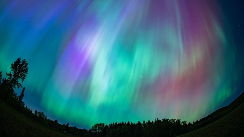 Aurora borealis over fields and forests.