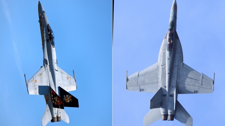 An F/A-18A Hornet and F-18E Super Hornet flying over blue skies