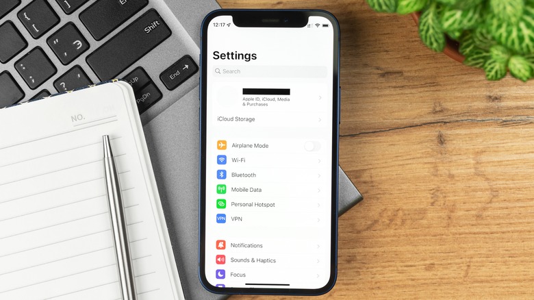 Settings screen on iPhone on a laptop with a notebook