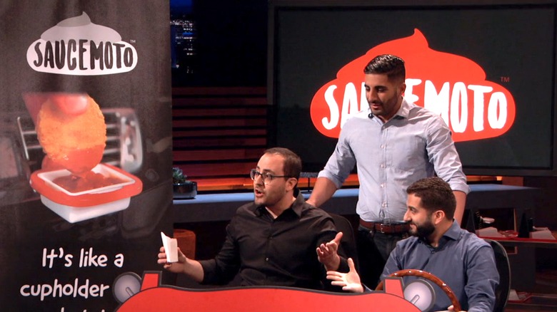 Saucemoto creators Michael Koury, Tony Lahood, and William Moujaes pitching on Shark Tank