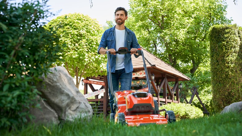 Red push lawn mower in use