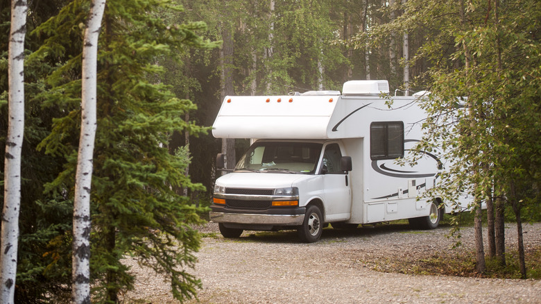 White RV driving through woods