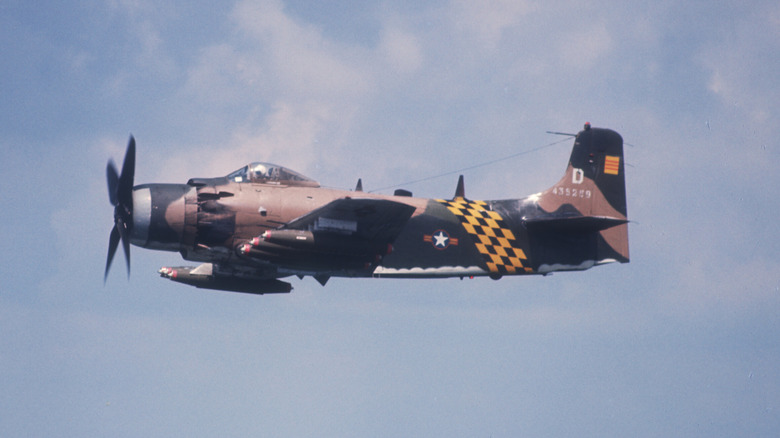 An A-1 Skyraider flying off the coast of North Vietnam in May 1972