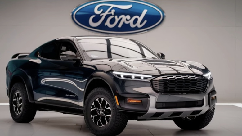 A.I.-generated image of a Grey Ford Mustang Raptor parked indoors in front of large Ford logo