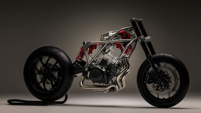 Honda V3 motorcycle engine in a partially built motorcycle