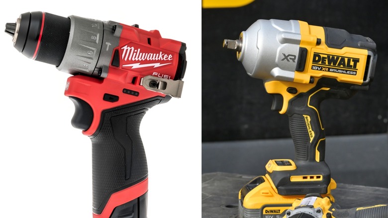 Milwaukee drill on white background and DeWalt drill standing on grey table