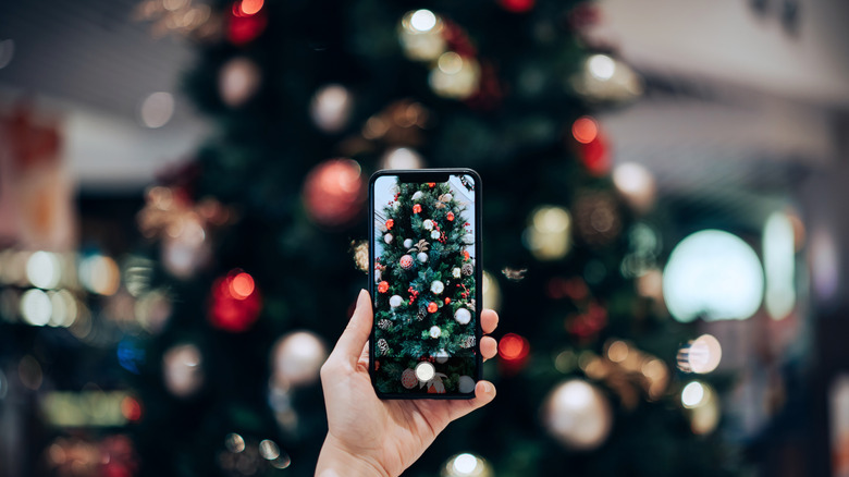 A person takes a photo of a lit Christmas tree