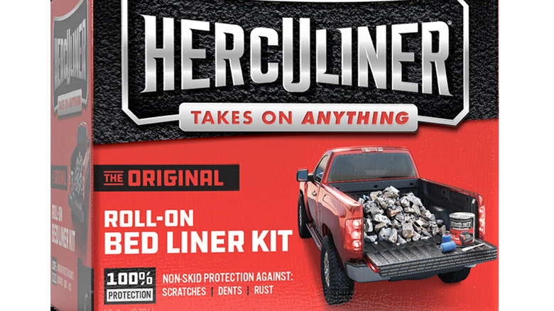 Herculiner roll-on bed liner kit box with photo of pickup truck bed