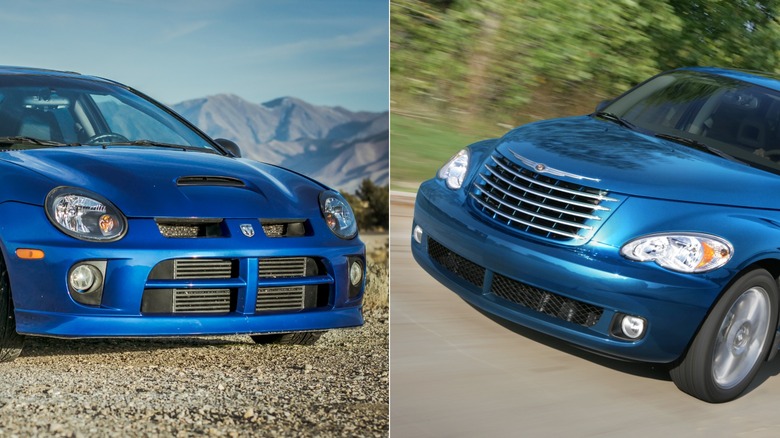 A Dodge Neon SRT-4 on the left and a Chrysler PT Cruiser on the right