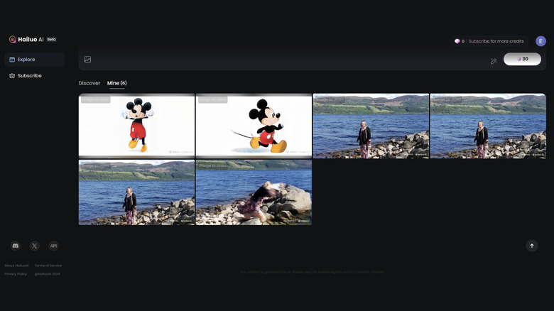 A screenshot of the author's Hailuo AI page, showing thumbnails of 4 videos based on her photo and 2 videos created using an image of Mickey Mouse