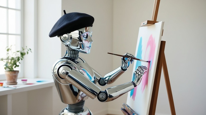 An AI-generated image of a robot wearing a beret painting a picture on a canvas, created on Leonardo AI