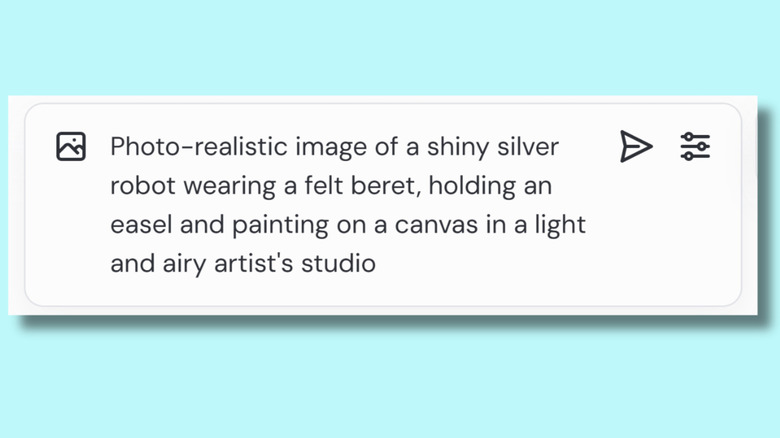 Text on a screen showing the words, "Photo-realistic image of a shiny silver robot wearing a felt beret, holding an easel and painting on a canvas in a light and airy artist's studio."