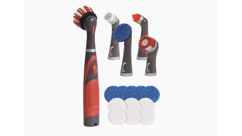 Handheld scrub brush with a variety of attachments and cleaning heads