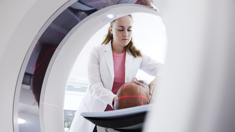 a patient's head being scanned