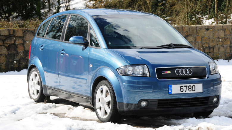 Audi A2 in snowy backyard