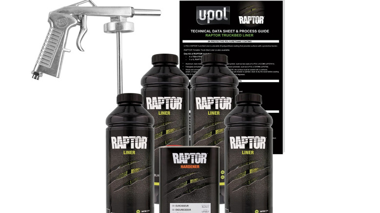 U-Pol Raptor Liner four-quart kit with spray nozzle and instruction sheet on white background