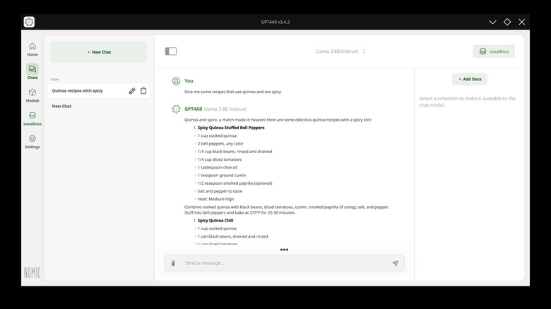 An image of the GPT4ALL chat screen where the user has asked the Llama 3.8B Instruct model for recipes using quinoa that are spicy