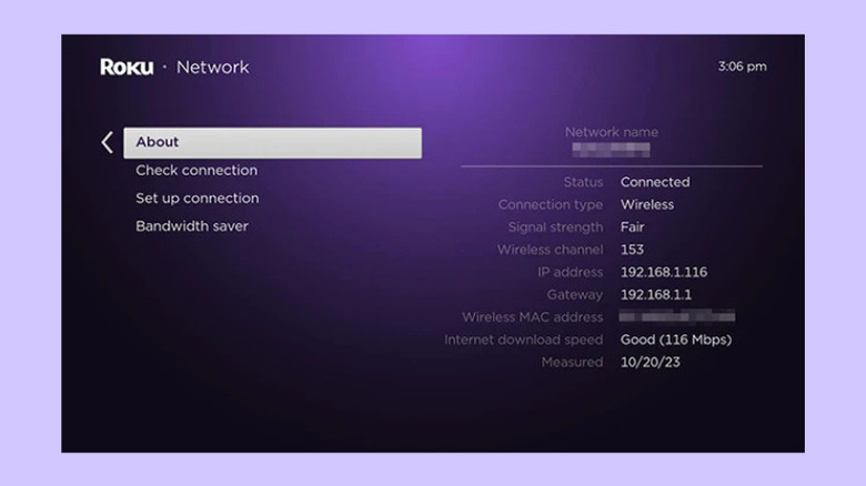 Roku Settings in the Network > About section