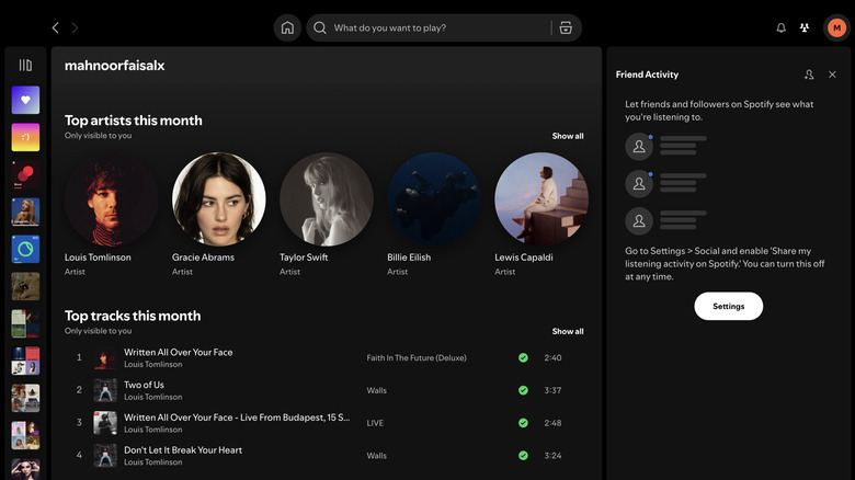 Top artists and tracks this month on Spotify's desktop app