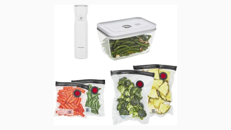 Small white handheld device alongside a food container and bags containing food